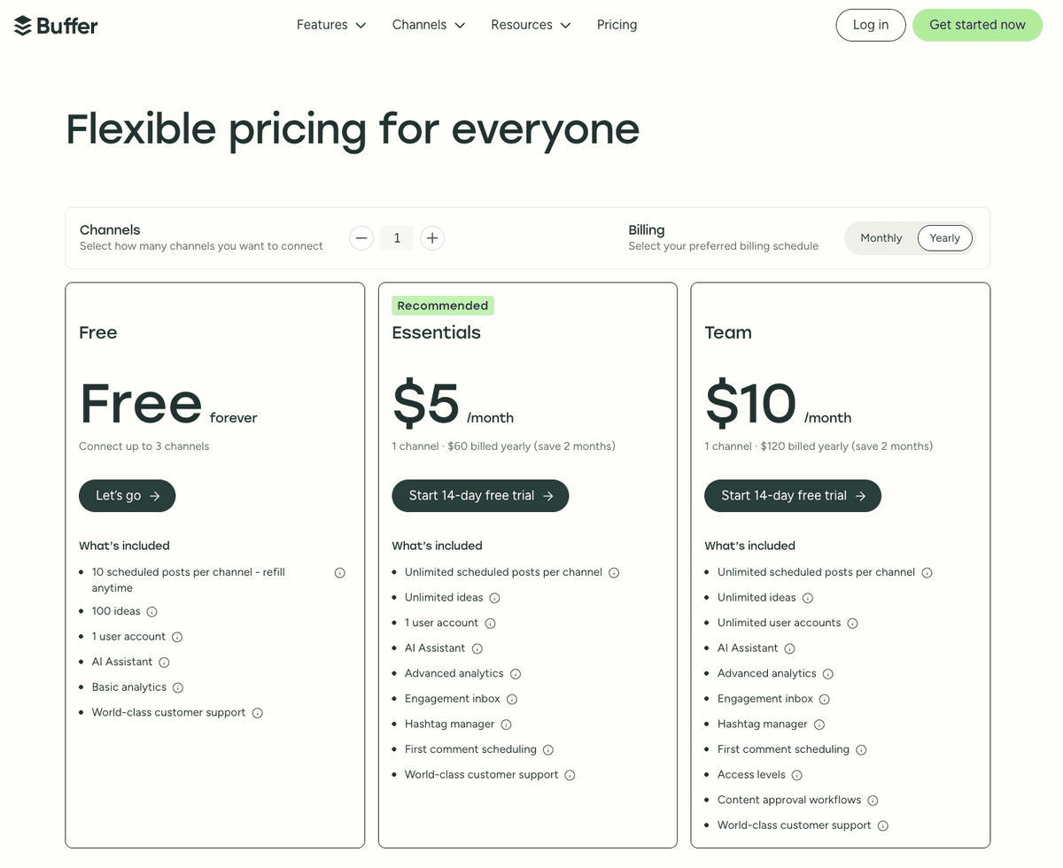 Buffer pricing screenshot