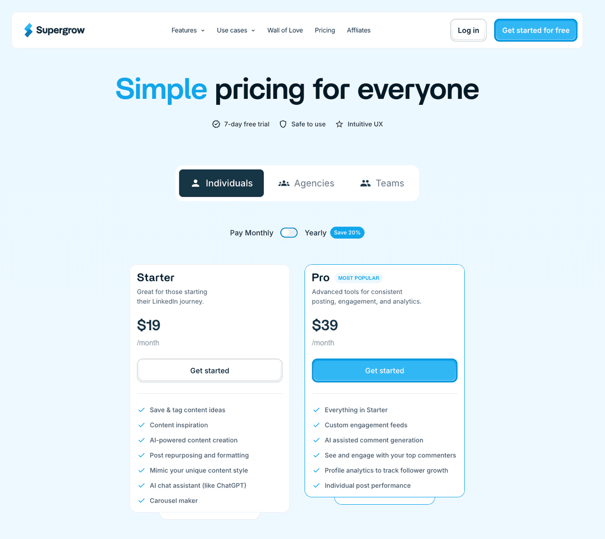 Supergrow pricing screenshot